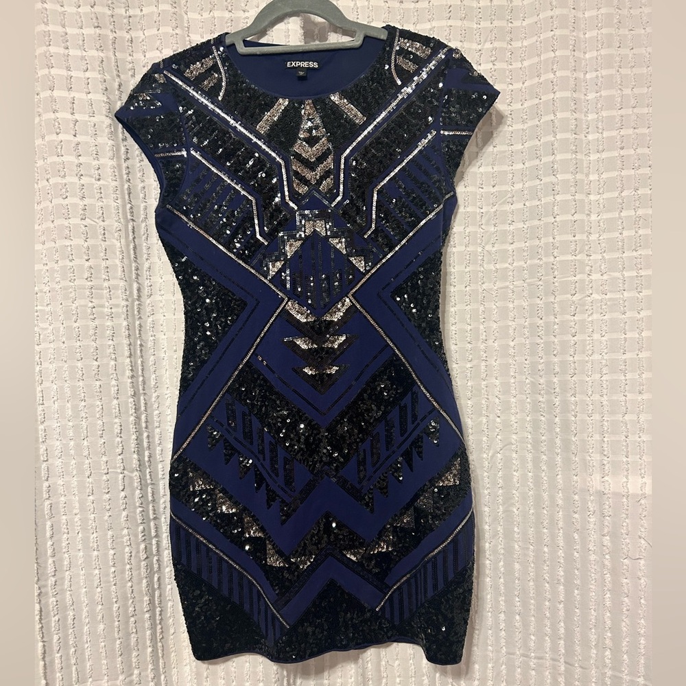 Express‎ Women's Medium Navy Blue Sequin Geometric Bodycon Mini Dress Cap Sleeve